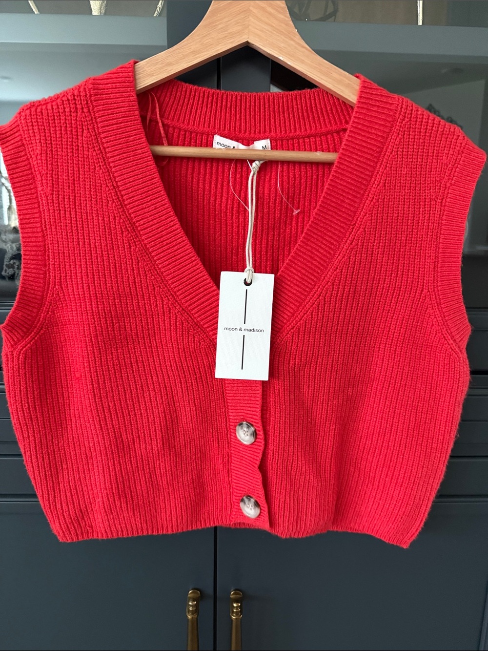 moon & madison Red Ribbed Button Sweater Vest